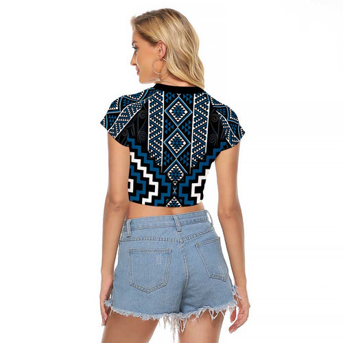 Azure Tukutuku Pattern Aotearoa Raglan Cropped T Shirt Niho Taniwha and Puhoro Motifs