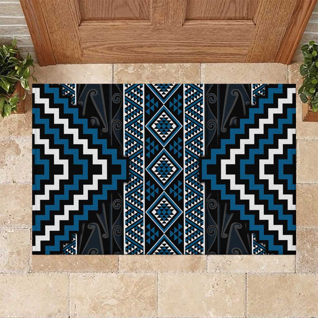 Azure Tukutuku Pattern Aotearoa Rubber Doormat Niho Taniwha and Puhoro Motifs