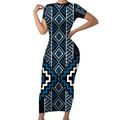 Azure Tukutuku Pattern Aotearoa Short Sleeve Bodycon Dress Niho Taniwha and Puhoro Motifs