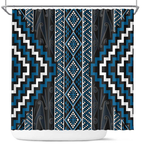Azure Tukutuku Pattern Aotearoa Shower Curtain Niho Taniwha and Puhoro Motifs