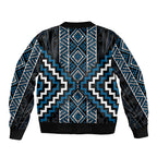 Azure Tukutuku Pattern Aotearoa Sleeve Zip Bomber Jacket Niho Taniwha and Puhoro Motifs