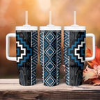 Azure Tukutuku Pattern Aotearoa Tumbler With Handle Niho Taniwha and Puhoro Motifs