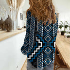 Azure Tukutuku Pattern Aotearoa Women Casual Shirt Niho Taniwha and Puhoro Motifs