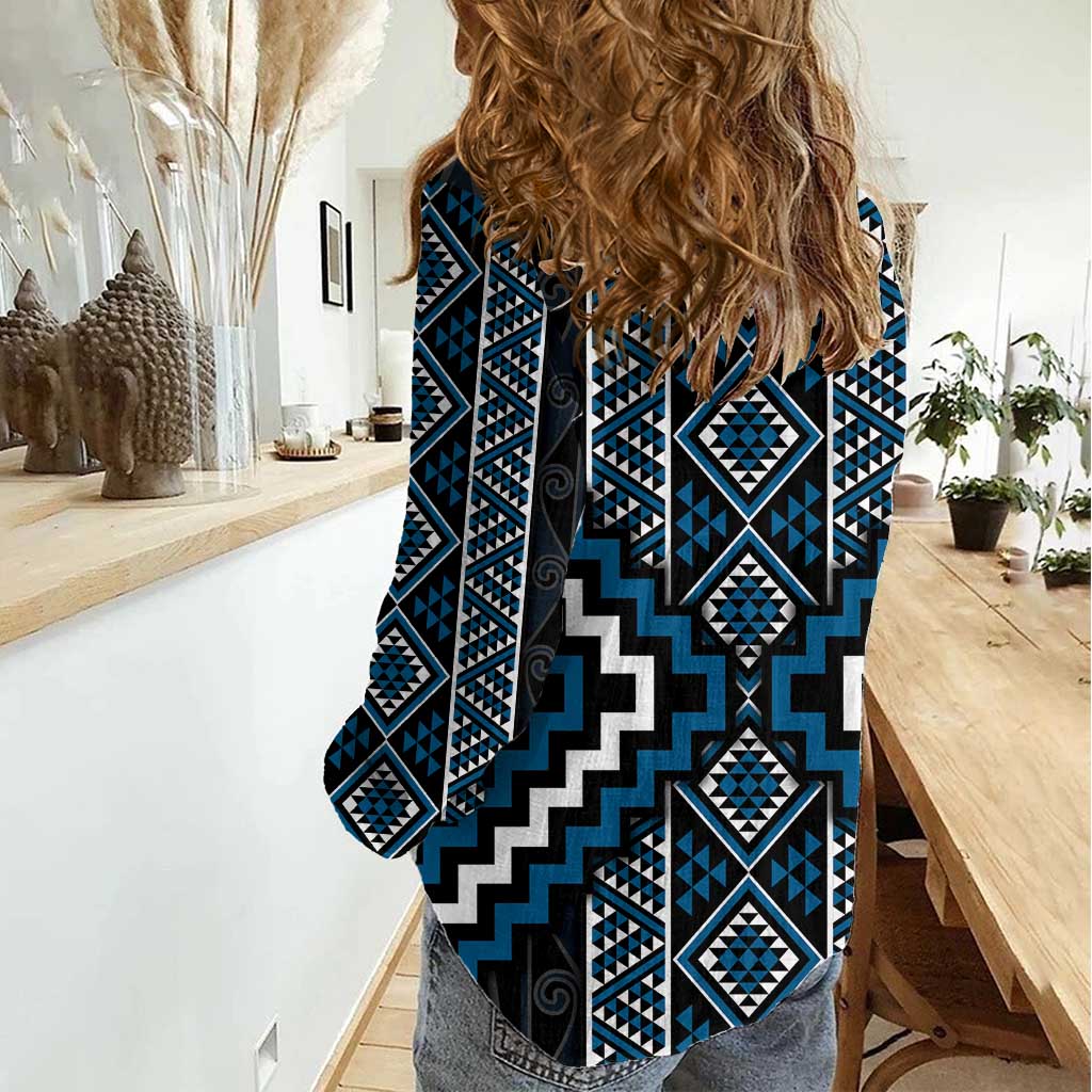 Azure Tukutuku Pattern Aotearoa Women Casual Shirt Niho Taniwha and Puhoro Motifs