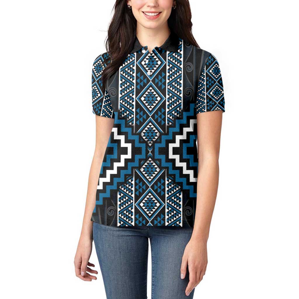 Azure Tukutuku Pattern Aotearoa Women Polo Shirt Niho Taniwha and Puhoro Motifs