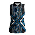 Azure Tukutuku Pattern Aotearoa Women Sleeveless Polo Shirt Niho Taniwha and Puhoro Motifs