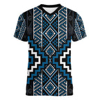 Azure Tukutuku Pattern Aotearoa Women V-Neck T-Shirt Niho Taniwha and Puhoro Motifs