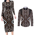 Classic Tukutuku Pattern Aotearoa Couples Matching Long Sleeve Bodycon Dress and Long Sleeve Button Shirt Niho Taniwha and Puhoro Motifs