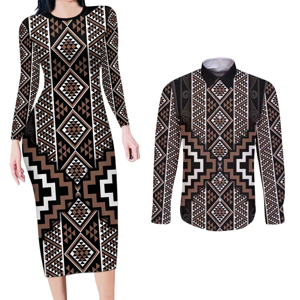 Classic Tukutuku Pattern Aotearoa Couples Matching Long Sleeve Bodycon Dress and Long Sleeve Button Shirt Niho Taniwha and Puhoro Motifs