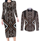Classic Tukutuku Pattern Aotearoa Couples Matching Long Sleeve Bodycon Dress and Long Sleeve Button Shirt Niho Taniwha and Puhoro Motifs