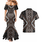 Classic Tukutuku Pattern Aotearoa Couples Matching Mermaid Dress and Hawaiian Shirt Niho Taniwha and Puhoro Motifs
