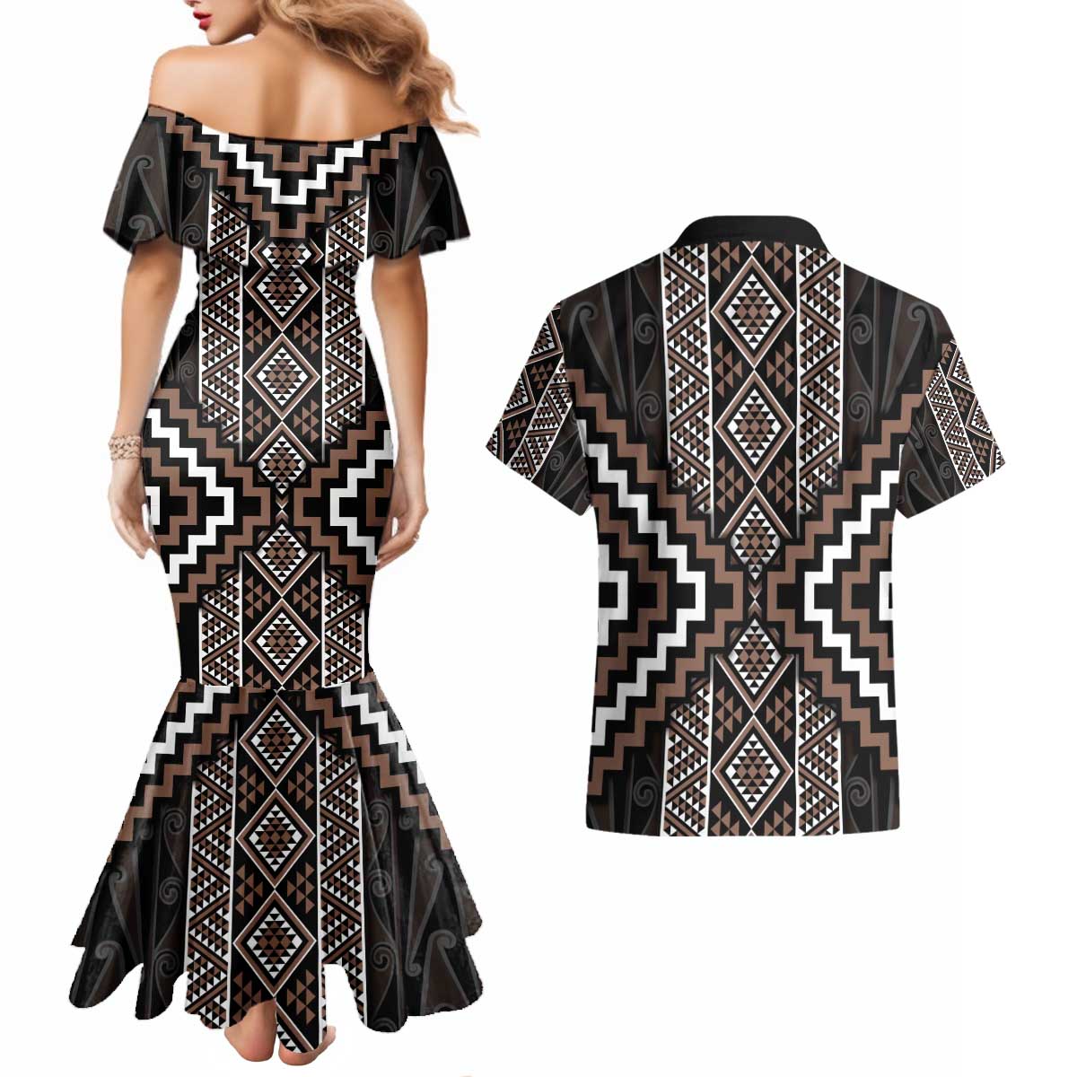 Classic Tukutuku Pattern Aotearoa Couples Matching Mermaid Dress and Hawaiian Shirt Niho Taniwha and Puhoro Motifs