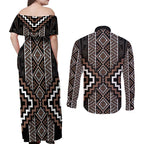 Classic Tukutuku Pattern Aotearoa Couples Matching Off Shoulder Maxi Dress and Long Sleeve Button Shirt Niho Taniwha and Puhoro Motifs
