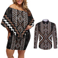 Classic Tukutuku Pattern Aotearoa Couples Matching Off Shoulder Short Dress and Long Sleeve Button Shirt Niho Taniwha and Puhoro Motifs