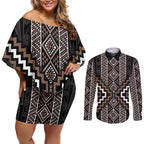 Classic Tukutuku Pattern Aotearoa Couples Matching Off Shoulder Short Dress and Long Sleeve Button Shirt Niho Taniwha and Puhoro Motifs