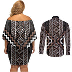 Classic Tukutuku Pattern Aotearoa Couples Matching Off Shoulder Short Dress and Long Sleeve Button Shirt Niho Taniwha and Puhoro Motifs