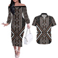 Classic Tukutuku Pattern Aotearoa Couples Matching Off The Shoulder Long Sleeve Dress and Hawaiian Shirt Niho Taniwha and Puhoro Motifs