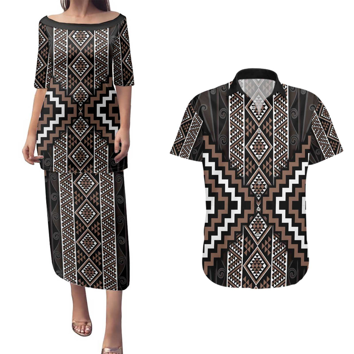 Classic Tukutuku Pattern Aotearoa Couples Matching Puletasi and Hawaiian Shirt Niho Taniwha and Puhoro Motifs