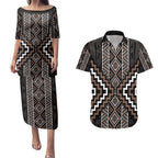Classic Tukutuku Pattern Aotearoa Couples Matching Puletasi and Hawaiian Shirt Niho Taniwha and Puhoro Motifs