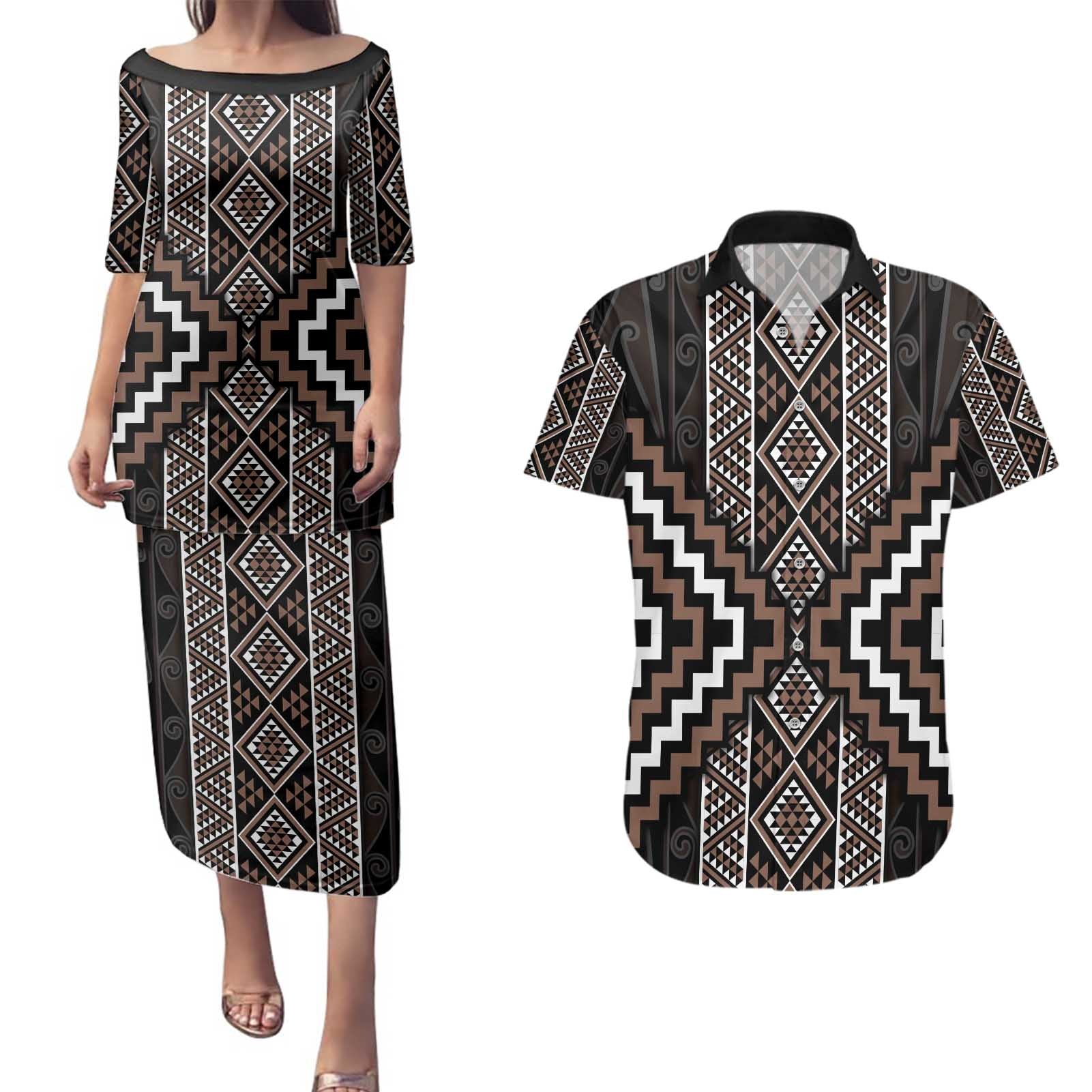 Classic Tukutuku Pattern Aotearoa Couples Matching Puletasi and Hawaiian Shirt Niho Taniwha and Puhoro Motifs
