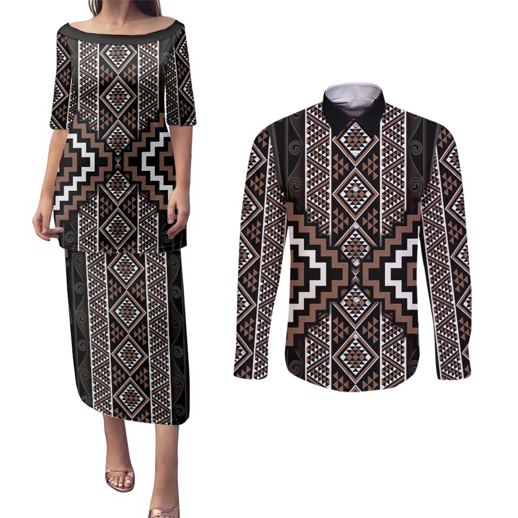 Classic Tukutuku Pattern Aotearoa Couples Matching Puletasi and Long Sleeve Button Shirt Niho Taniwha and Puhoro Motifs