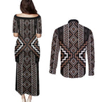 Classic Tukutuku Pattern Aotearoa Couples Matching Puletasi and Long Sleeve Button Shirt Niho Taniwha and Puhoro Motifs