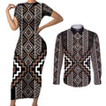 Classic Tukutuku Pattern Aotearoa Couples Matching Short Sleeve Bodycon Dress and Long Sleeve Button Shirt Niho Taniwha and Puhoro Motifs