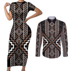 Classic Tukutuku Pattern Aotearoa Couples Matching Short Sleeve Bodycon Dress and Long Sleeve Button Shirt Niho Taniwha and Puhoro Motifs