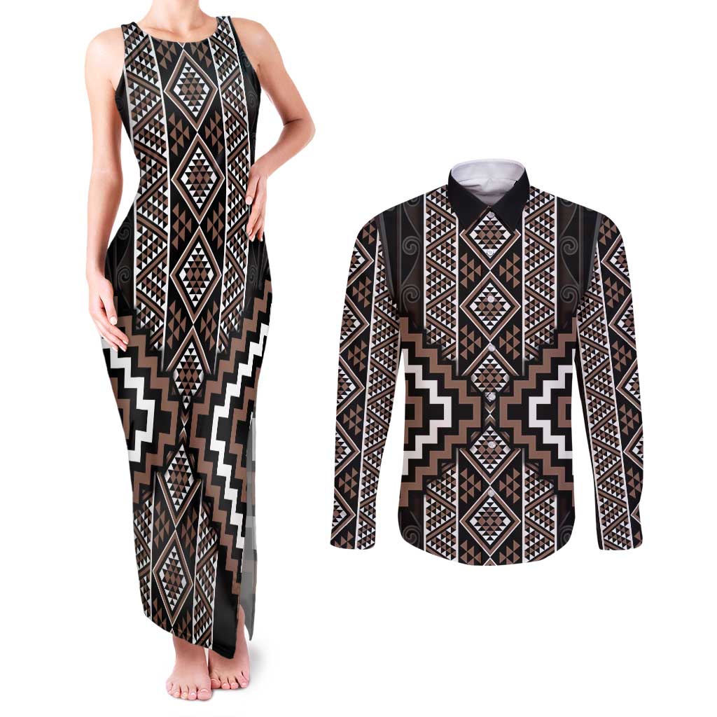 Classic Tukutuku Pattern Aotearoa Couples Matching Tank Maxi Dress and Long Sleeve Button Shirt Niho Taniwha and Puhoro Motifs