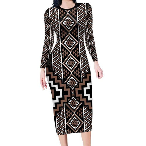 Classic Tukutuku Pattern Aotearoa Family Matching Long Sleeve Bodycon Dress and Hawaiian Shirt Niho Taniwha and Puhoro Motifs