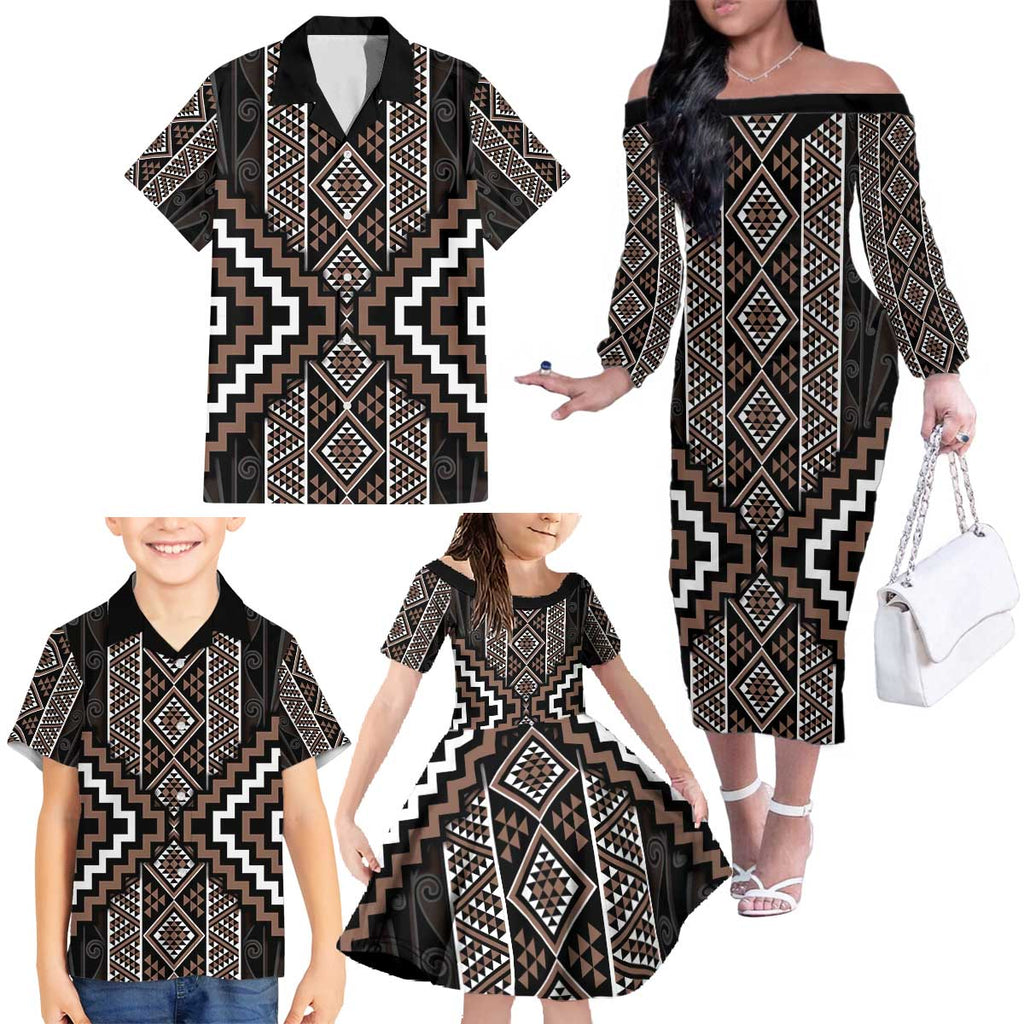 Classic Tukutuku Pattern Aotearoa Family Matching Off The Shoulder Long Sleeve Dress and Hawaiian Shirt Niho Taniwha and Puhoro Motifs