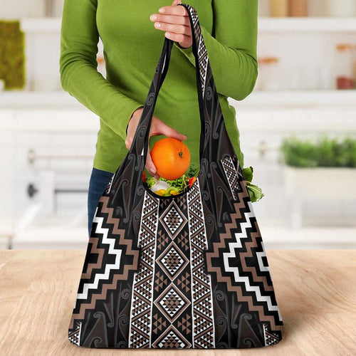 Classic Tukutuku Pattern Aotearoa Grocery Bag Niho Taniwha and Puhoro Motifs