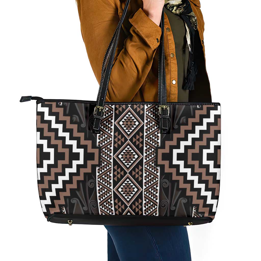 Classic Tukutuku Pattern Aotearoa Leather Tote Bag Niho Taniwha and Puhoro Motifs