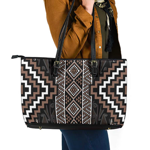 Classic Tukutuku Pattern Aotearoa Leather Tote Bag Niho Taniwha and Puhoro Motifs
