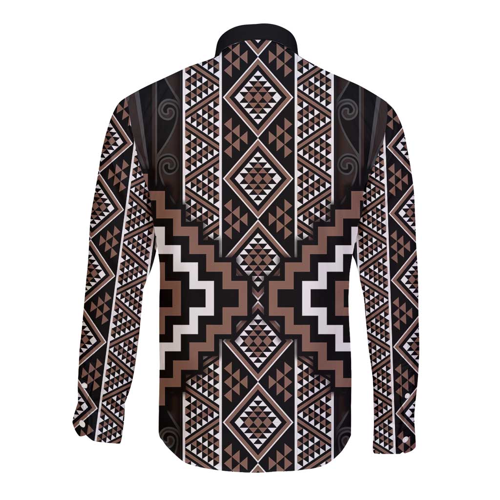 Classic Tukutuku Pattern Aotearoa Long Sleeve Button Shirt Niho Taniwha and Puhoro Motifs