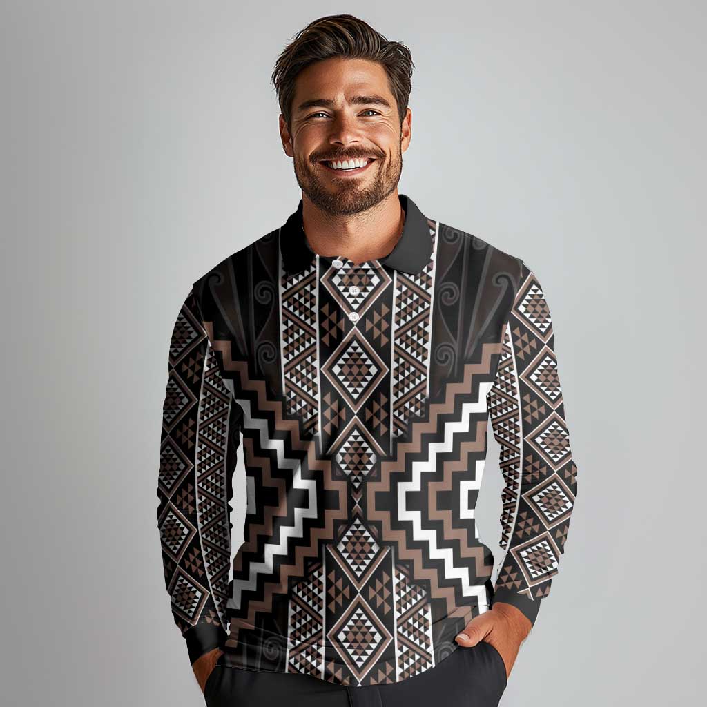 Classic Tukutuku Pattern Aotearoa Long Sleeve Polo Shirt Niho Taniwha and Puhoro Motifs