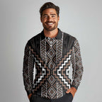 Classic Tukutuku Pattern Aotearoa Long Sleeve Polo Shirt Niho Taniwha and Puhoro Motifs