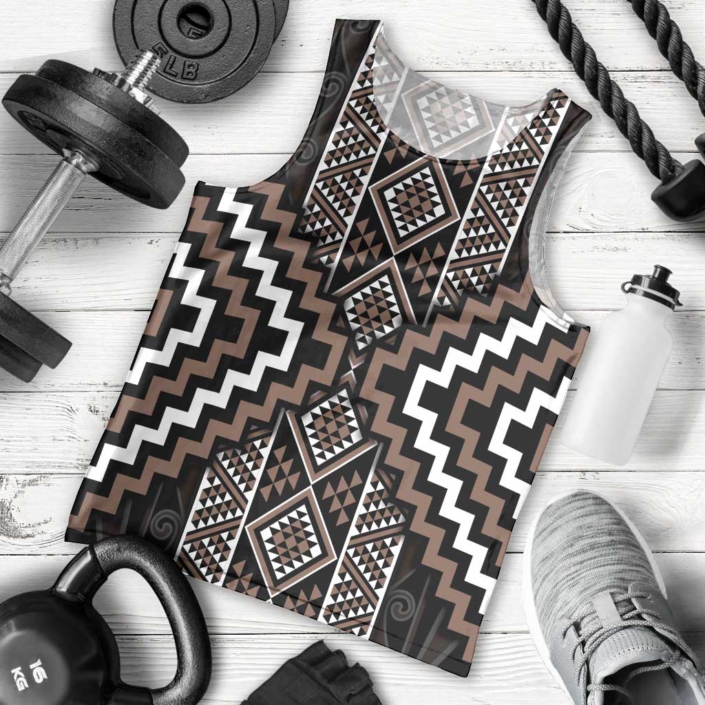 Classic Tukutuku Pattern Aotearoa Men Tank Top Niho Taniwha and Puhoro Motifs