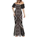 Classic Tukutuku Pattern Aotearoa Mermaid Dress Niho Taniwha and Puhoro Motifs