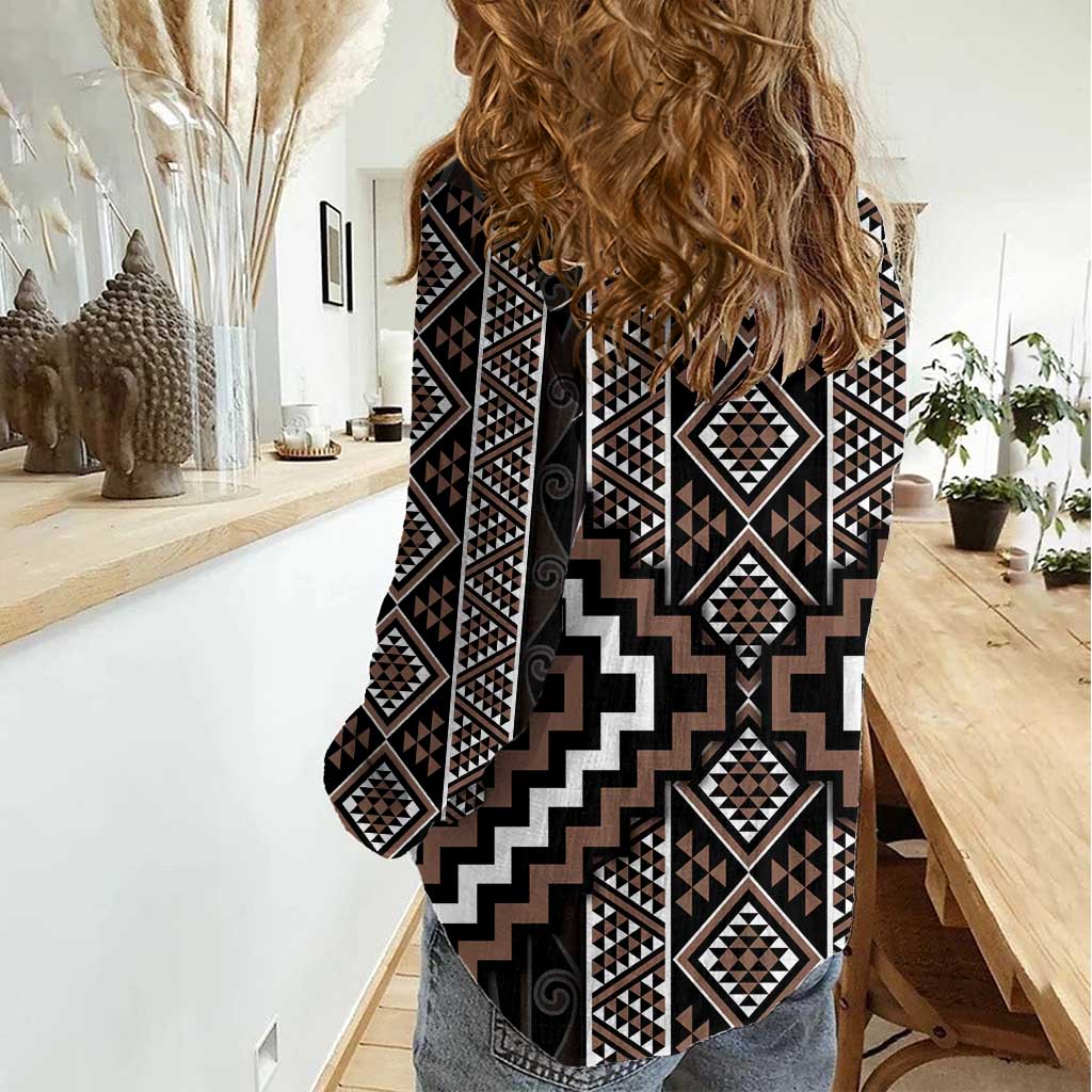 Classic Tukutuku Pattern Aotearoa Women Casual Shirt Niho Taniwha and Puhoro Motifs