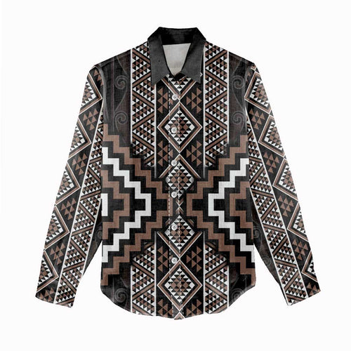 Classic Tukutuku Pattern Aotearoa Women Casual Shirt Niho Taniwha and Puhoro Motifs