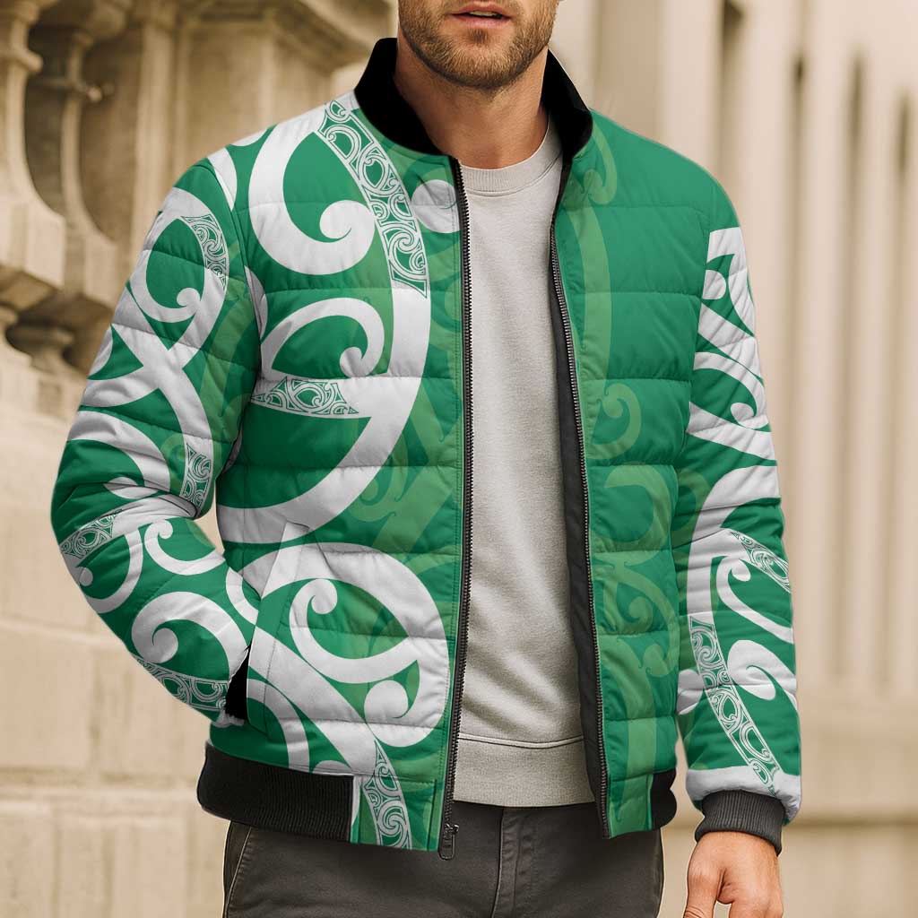 Pounamu Green Maori Bomber Puffer Jacket Koru Kowhaiwhai - Aussie Hoodie