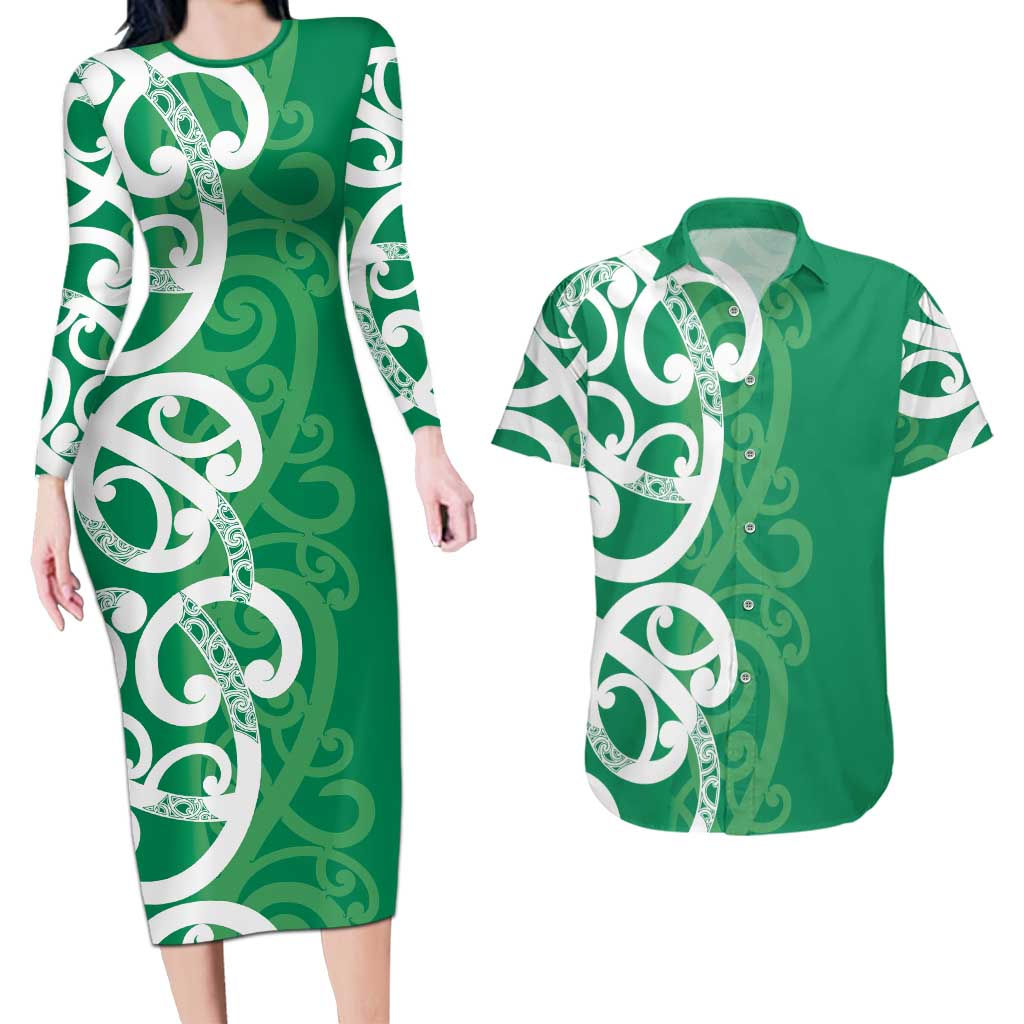 Pounamu Green Maori Couples Matching Long Sleeve Bodycon Dress and Hawaiian Shirt Koru Kowhaiwhai - Aussie Hoodie