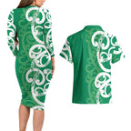Pounamu Green Maori Couples Matching Long Sleeve Bodycon Dress and Hawaiian Shirt Koru Kowhaiwhai - Aussie Hoodie