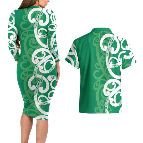 Pounamu Green Maori Couples Matching Long Sleeve Bodycon Dress and Hawaiian Shirt Koru Kowhaiwhai - Aussie Hoodie