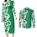Pounamu Green Maori Couples Matching Long Sleeve Bodycon Dress and Long Sleeve Button Shirt Koru Kowhaiwhai - Aussie Hoodie