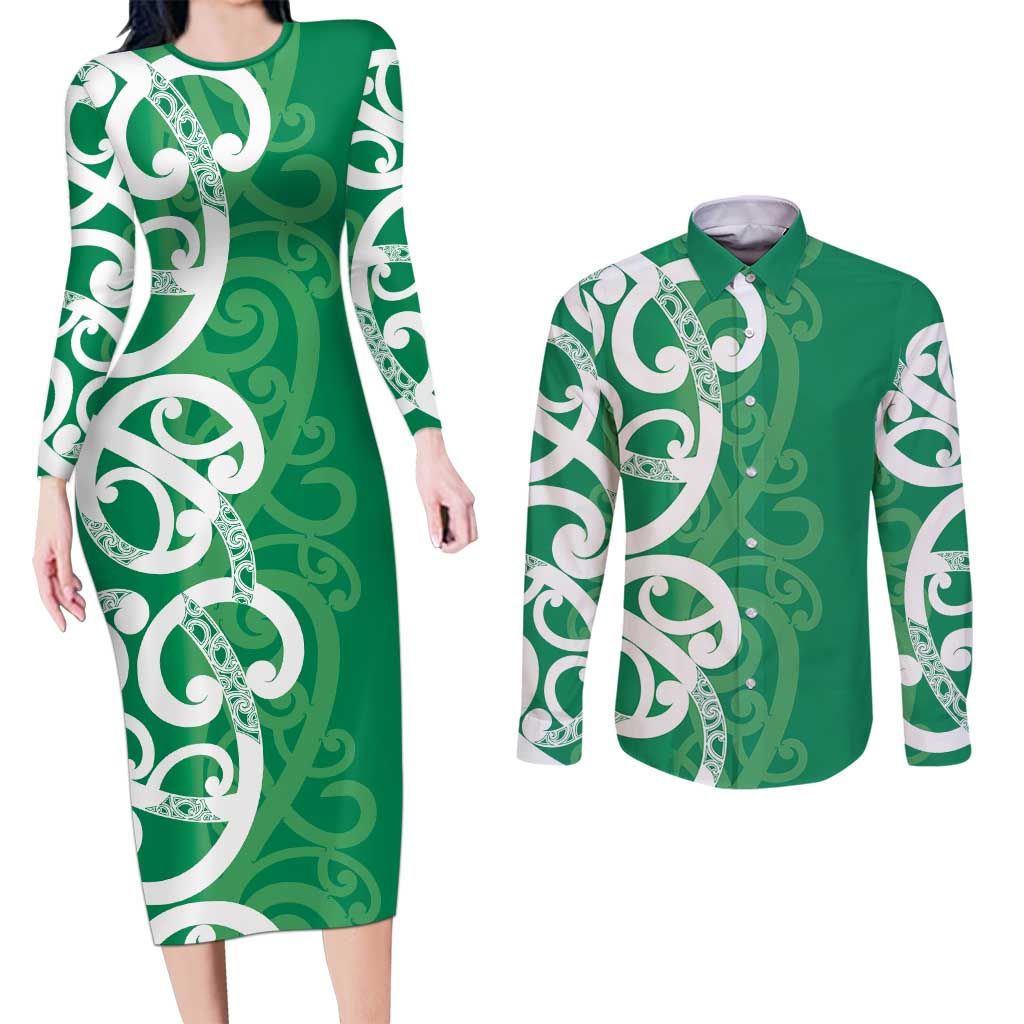 Pounamu Green Maori Couples Matching Long Sleeve Bodycon Dress and Long Sleeve Button Shirt Koru Kowhaiwhai - Aussie Hoodie