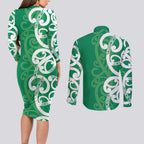 Pounamu Green Maori Couples Matching Long Sleeve Bodycon Dress and Long Sleeve Button Shirt Koru Kowhaiwhai - Aussie Hoodie