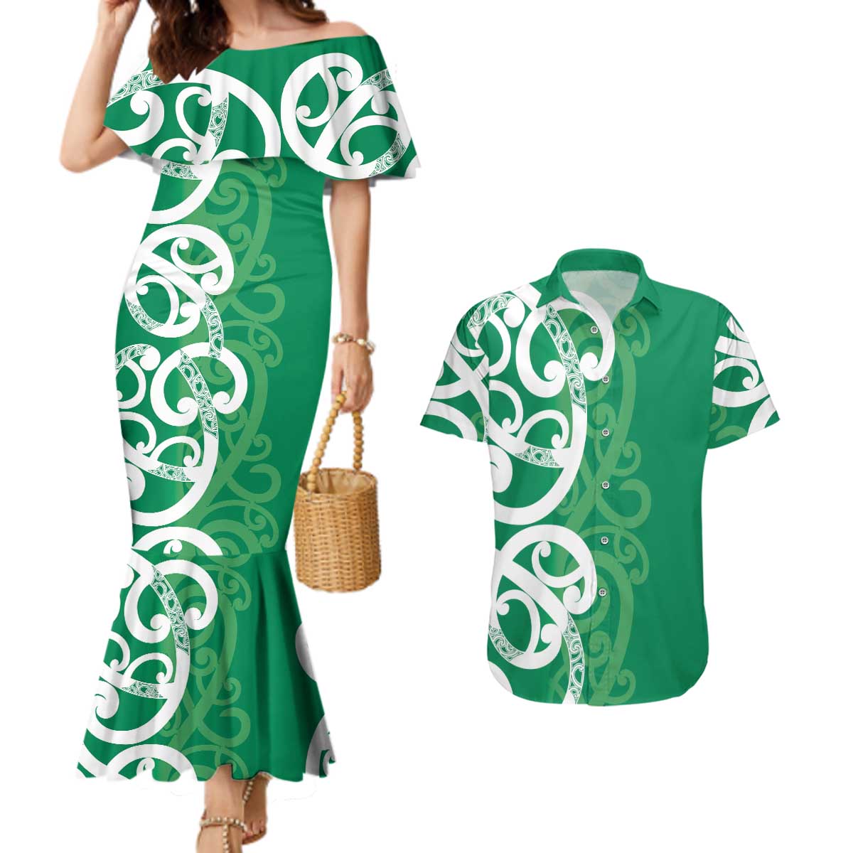 Pounamu Green Maori Couples Matching Mermaid Dress and Hawaiian Shirt Koru Kowhaiwhai - Aussie Hoodie