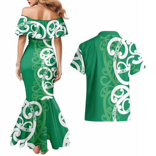 Pounamu Green Maori Couples Matching Mermaid Dress and Hawaiian Shirt Koru Kowhaiwhai - Aussie Hoodie